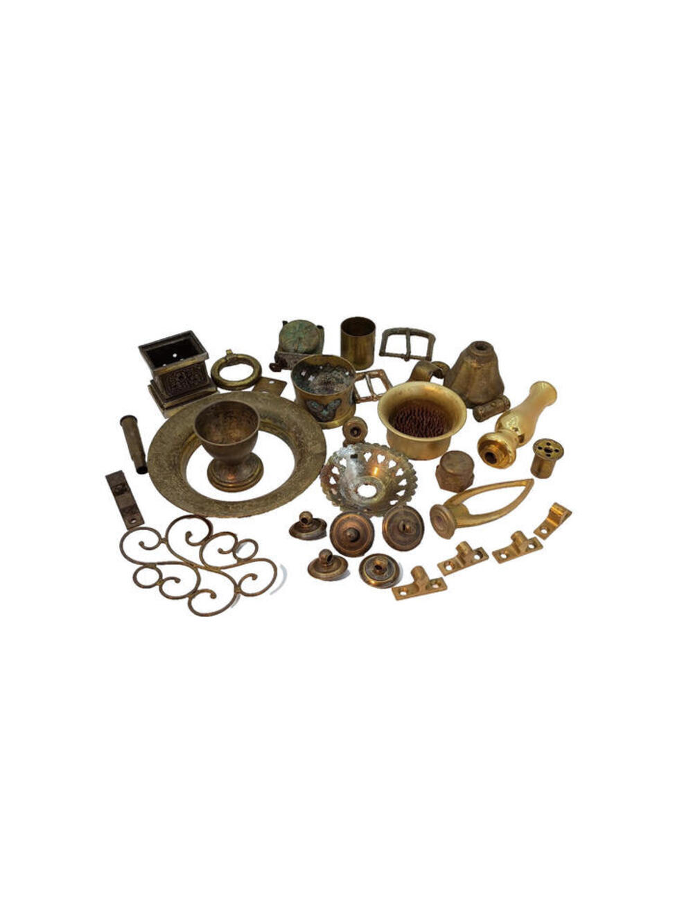 Lot Of Vintage Brass Hardware, Lamp Tops, Drawer Pulls, Bell, Buckles And More